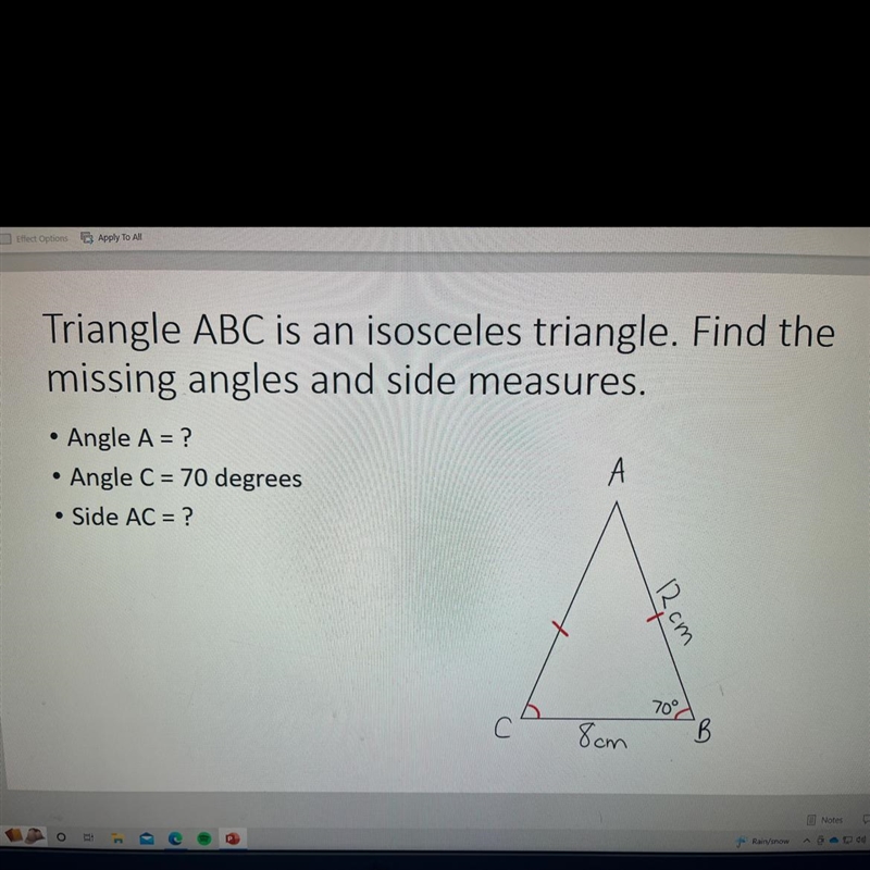 50 POINTS IF ANSWERED PLS!!!!! triangle ABC is an isosceles triangle. find the missing-example-1