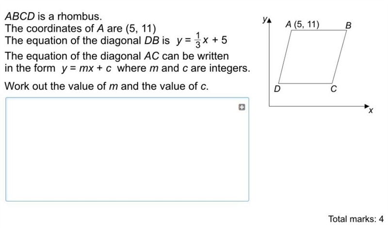 ABCD is a rhombus. The coordinates of A are (5,11) The equation of the diagonal DB-example-1