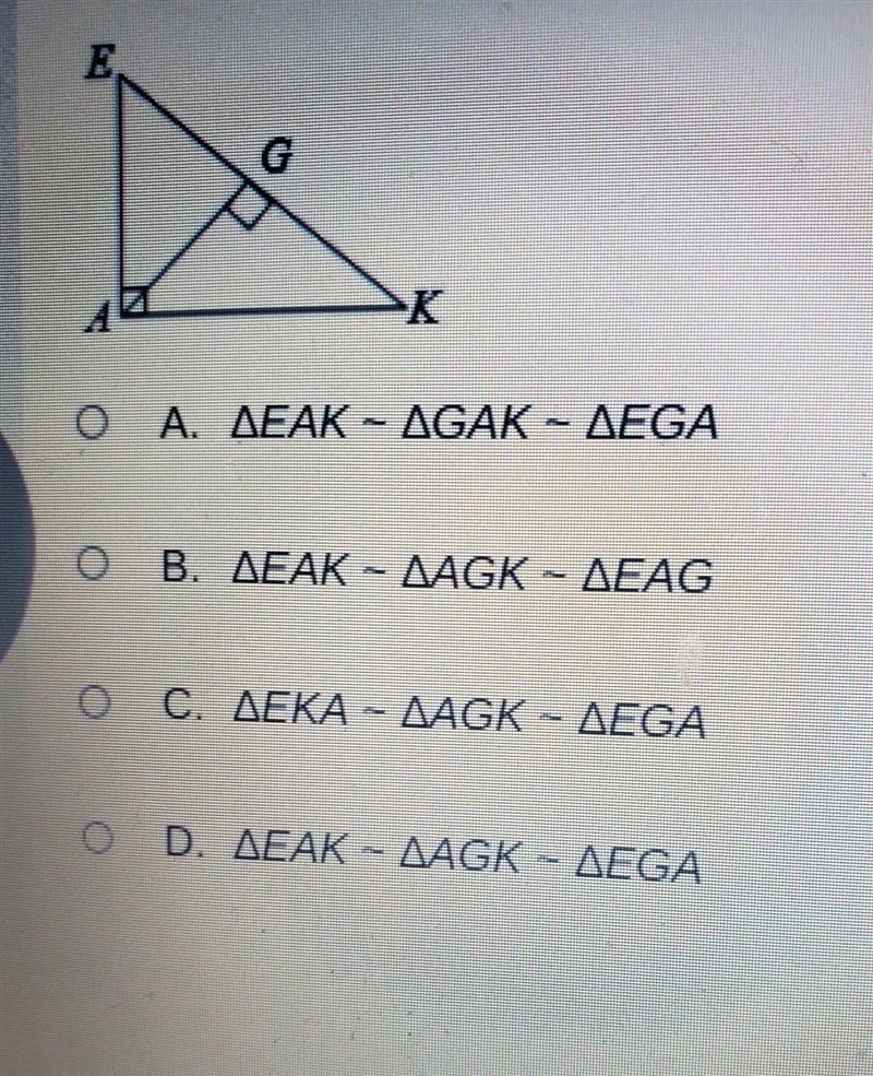 What similarity statement can you write relating the three triangle in the diagram-example-1