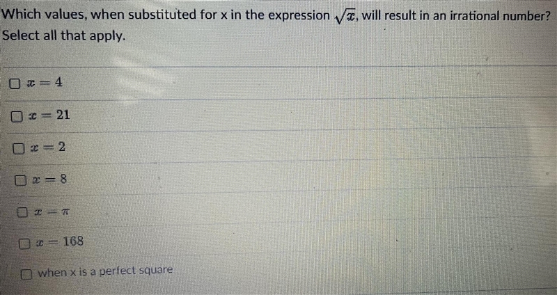 which values when substituted for eggs in the expression √x, will result in an irrational-example-1