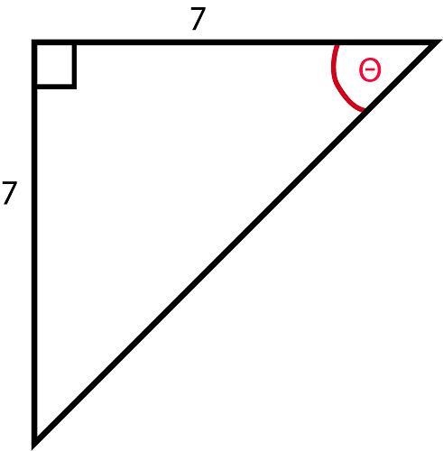 Find the tangent of angle Θ in the triangle below. A. 7/7 B. 0 C. sqroot2 D. 1 E. 7/sqroot-example-1