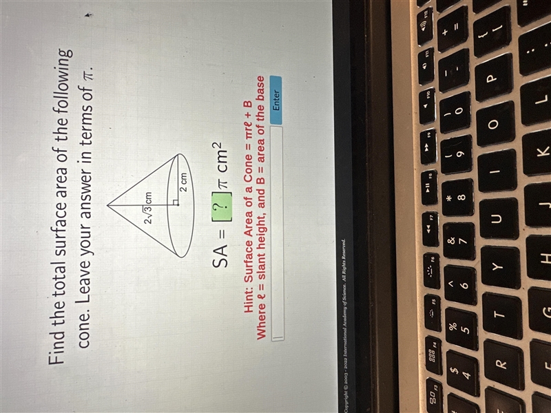 i need to know the surface area of this cone, or just the slant height using the pythagorean-example-1