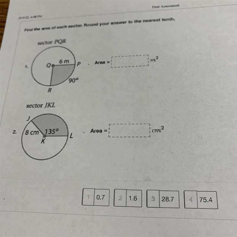 N 2. Find the area of each sector. Round your answer to the nearest tenth. 1. sector-example-1