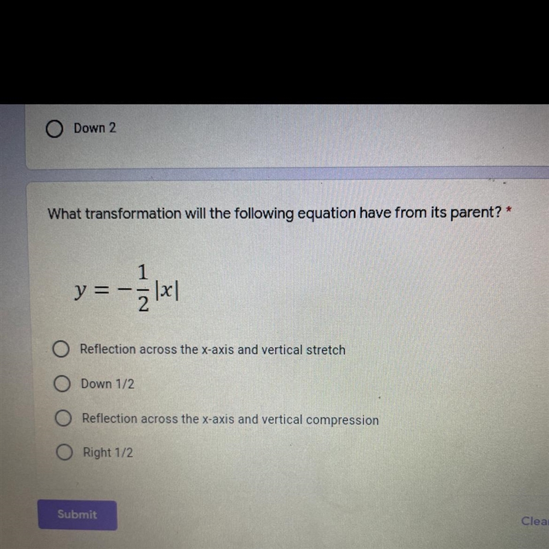 What transformation will the following equation have from its parent?-example-1