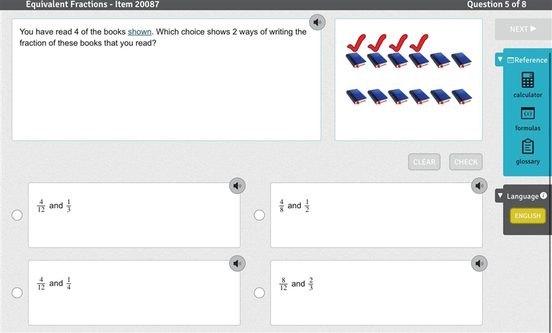 You have read 4 of the books shown. Which choice shows 2 ways of writing the fraction-example-1