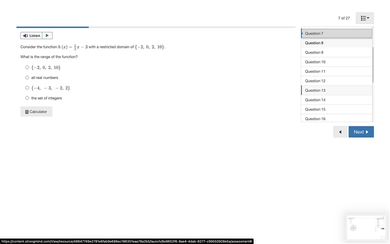 Consider the function h(x)=12x−3 with a restricted domain of {−2, 0, 2, 10}.What is-example-1