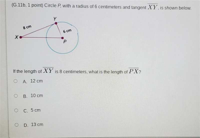 (G.11b, 1 point) Circle P, with a radius of 6 centimeters and tangent XY, is shown-example-1