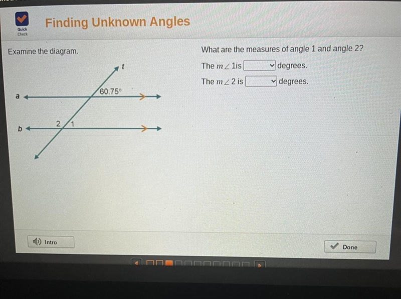 What are the measures of angle 1 and angle 2?-example-1