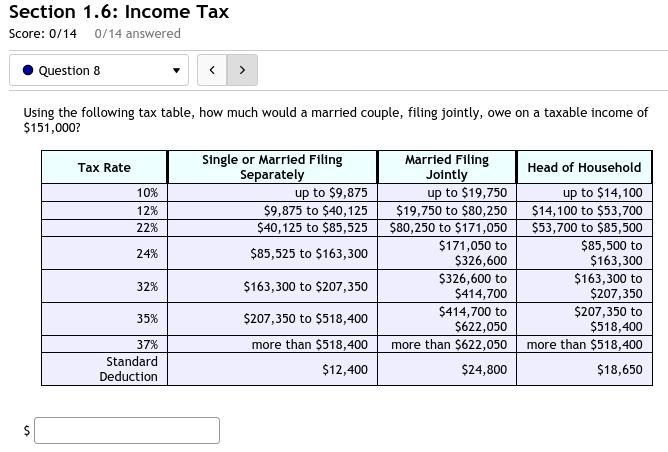 8. Using the following tax table, how much would a married couple, filing jointly-example-1