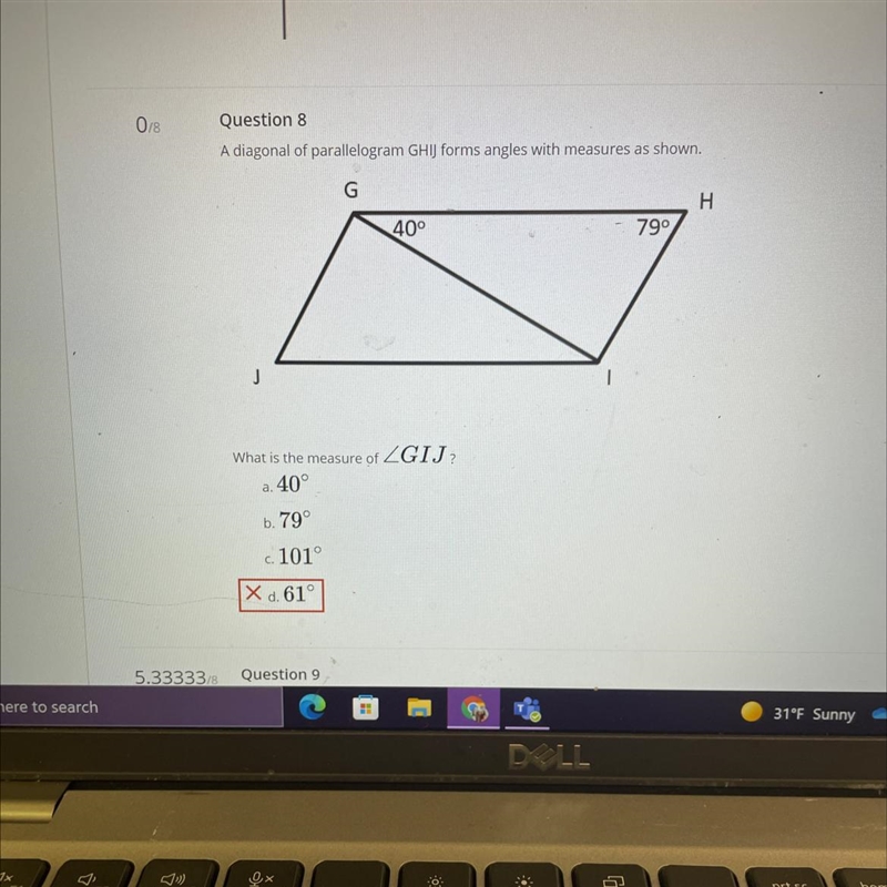 A diagonal of parallelogram GHIJ forms angles with measures as shown What is the measure-example-1