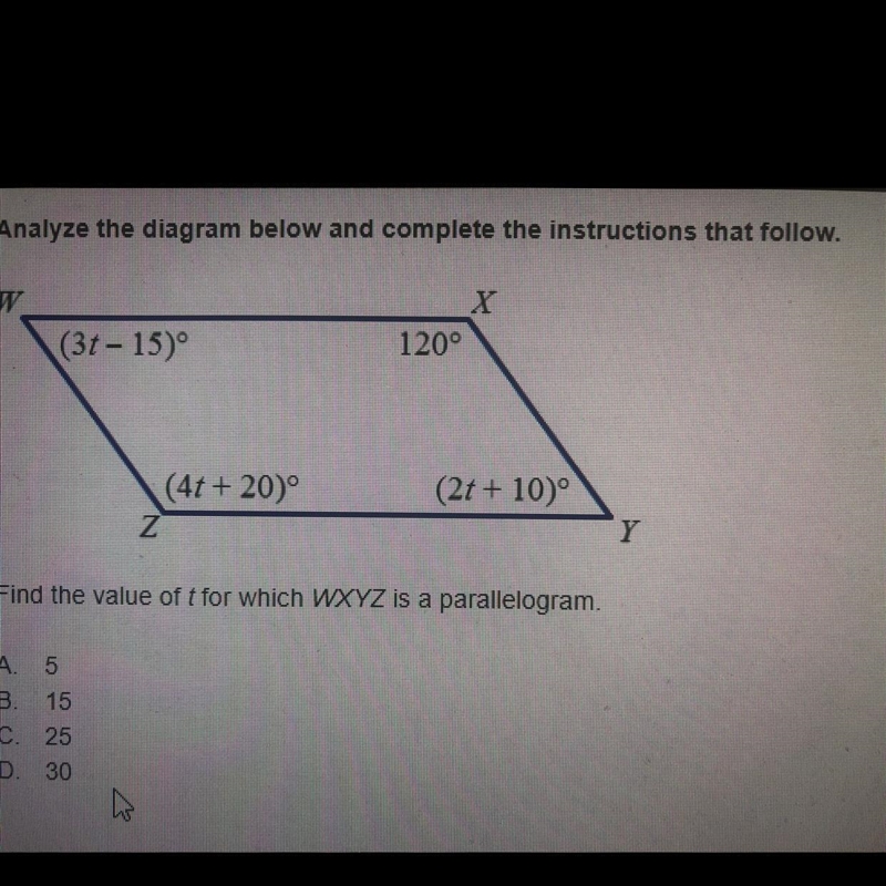 Find the value of t for which WXYZ is a parallelogram-example-1