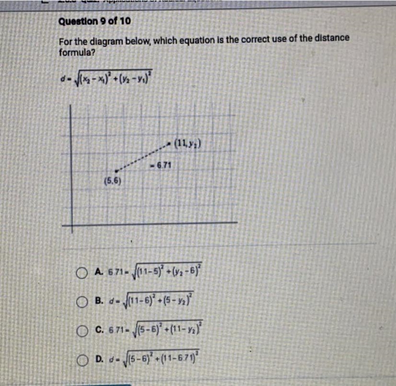 For the diagram below, which equation is the correct use of the distance formula?-example-1