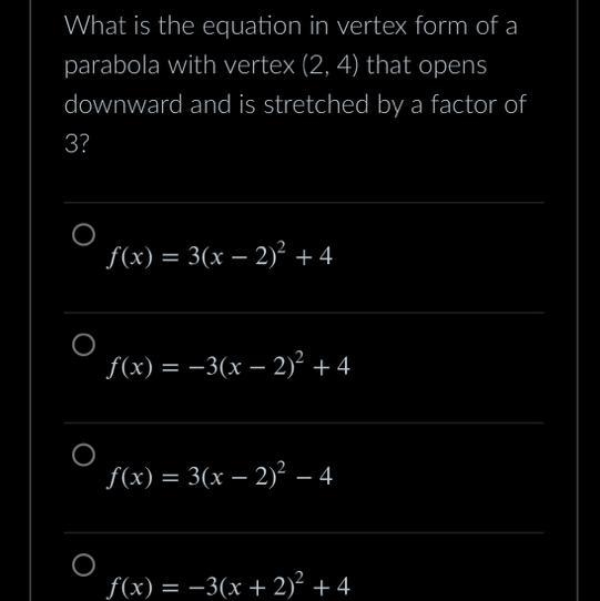 What is the equation in vertex form of a parabola with vertex (2, 4) that opens downward-example-1