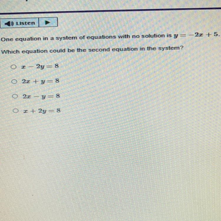 One equation in a system of equations with no solution is y=-20 +5. Which equation-example-1