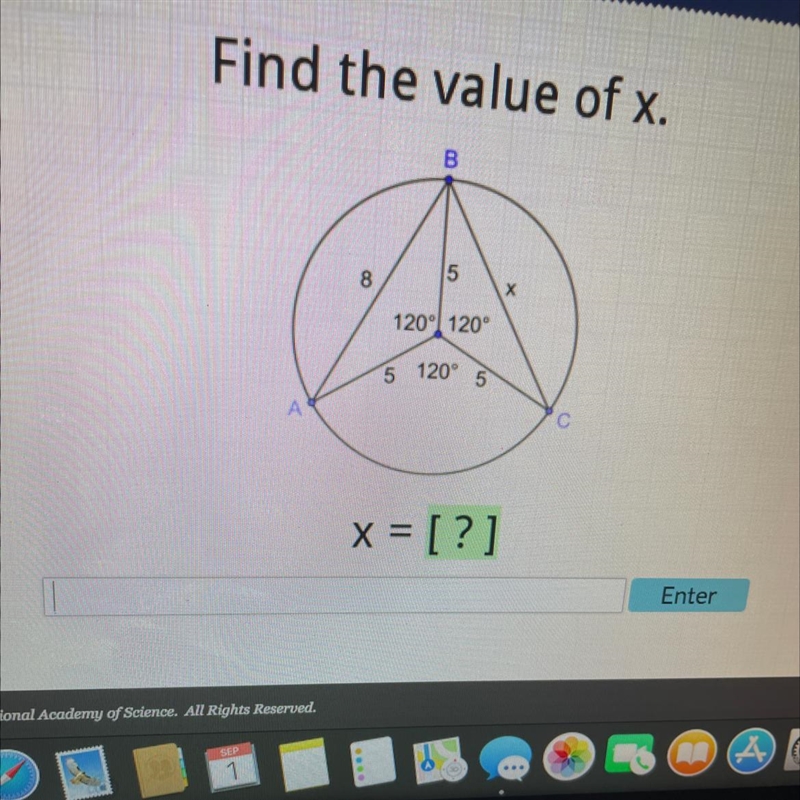 Find the value of x. 8 B 5 120 120° 5 120° 5 x = [?] C 9--example-1