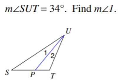 The figure shows a triangle with an angle bisector. If angle SUT= 34°, find the measurement-example-1