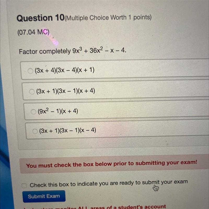 Factor completely 9x3 + 36x2 - x - 4. (3x + 4)(3x – 4)(x + 1) (3x + 1)(3x - 1)(x + 4) (9x-example-1