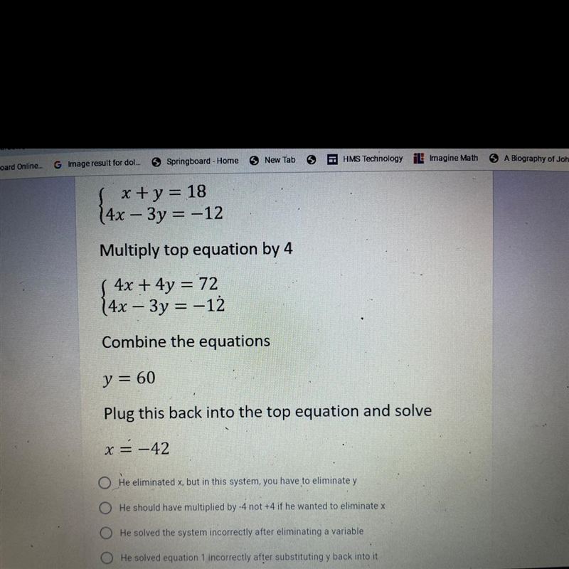 “Stephen attempted to use the elimination method to solve the system of equations-example-1