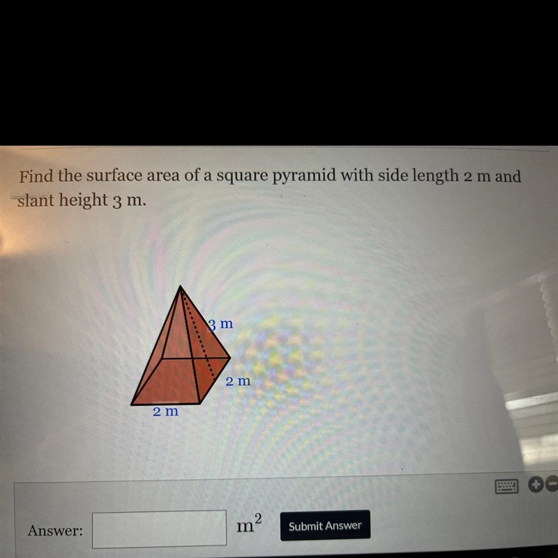 Find the surface area of a square pyramid with a side length of 2m and slant height-example-1