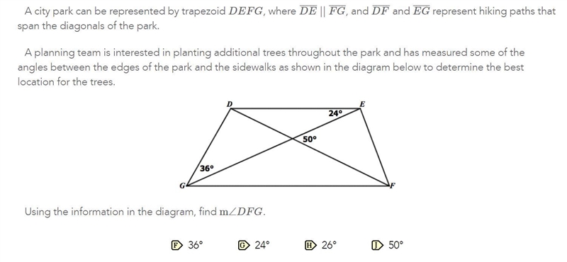 A city park can be represented by trapezoid DEFG, where DE¯¯¯¯¯ || FG¯¯¯¯¯, and DF-example-1