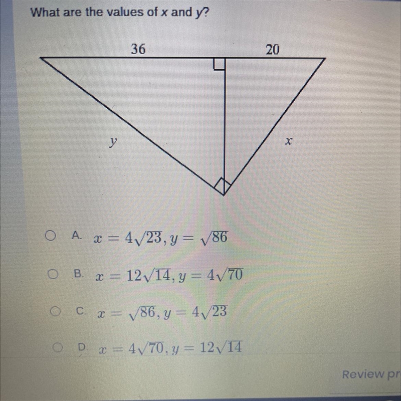 What are the values of x and y? when 36 and 20 are given-example-1