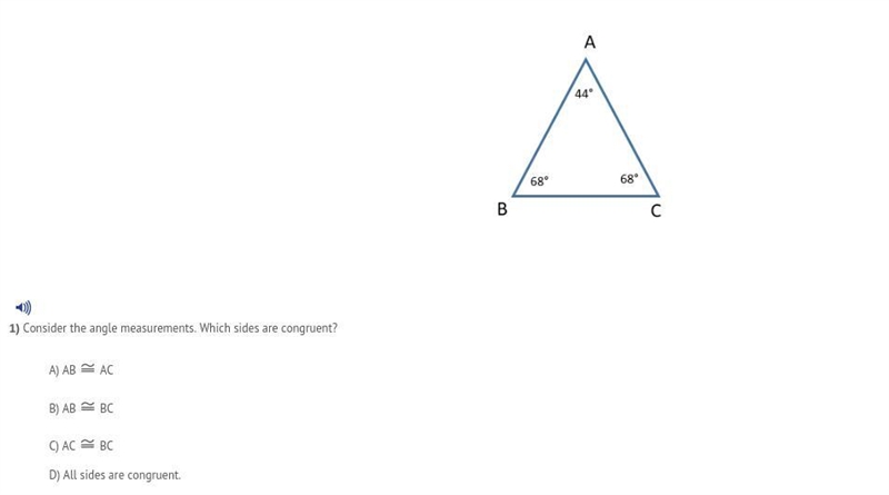 1) Consider the angle measurements. Which sides are congruent? A) ABAC B) AB BC AC-example-1