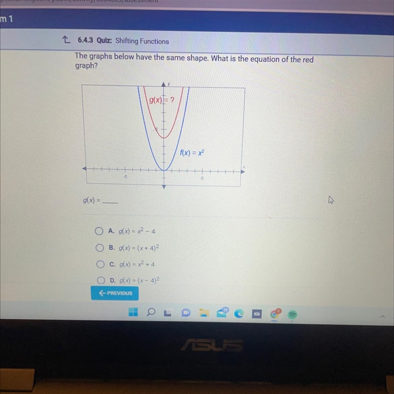 The graphs below have the same shape. What is the equation of the red graph?-example-1