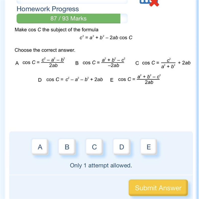 Make cos C the subject of the formula C?= a? + b? - 2ab cos C-example-1