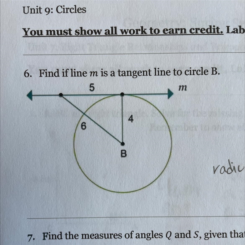 Find if line M is a tangent line to circle B.-example-1