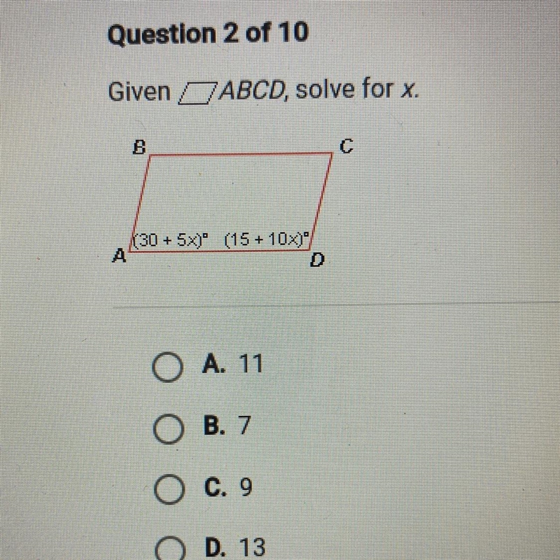 Given / ABCD, solve for x. (30 + 5x)" (15 + 10x)-example-1