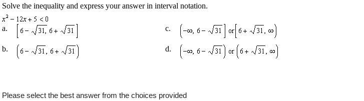 Solve the inequality and express your answer in interval notation. x^2-12x+5<0-example-1