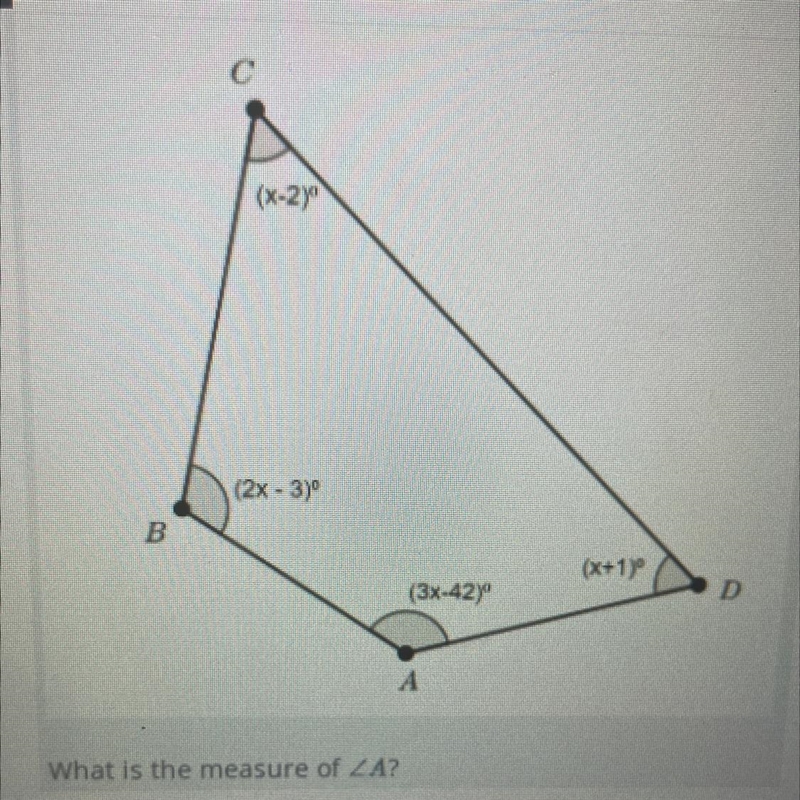 Help please. What is the measure of angle A ?-example-1