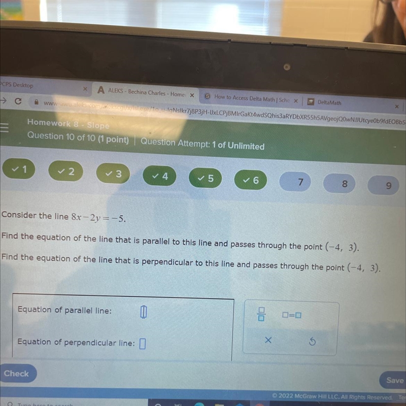 Consider the line 8x-2y=-5. Find the equation of the line that is parallel to this-example-1