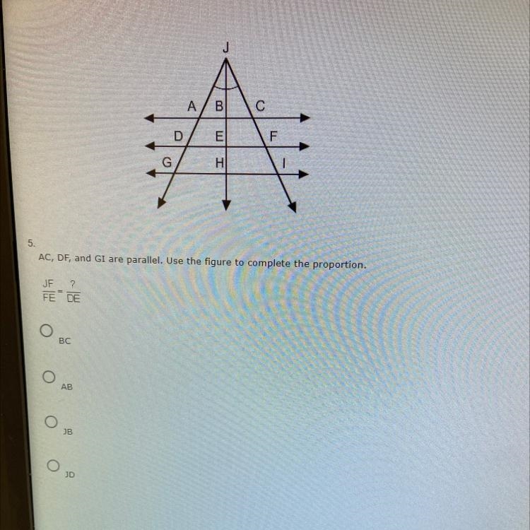 AC, DF, and GI are parallel. Use the figure to complete the proportion.-example-1