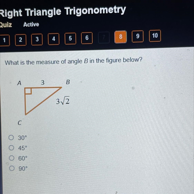 What is the measure of angle B in the figure below? A 3 B D 3√√2 C O 30° O 45° O 60° O-example-1