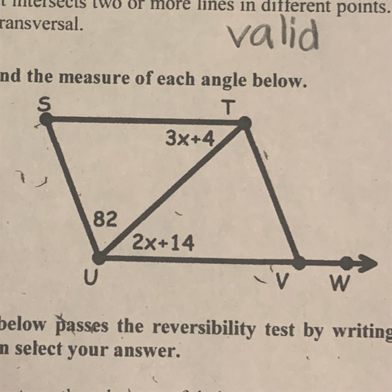 Given ST|UV and SU || TV, find the measure of each angle below. Find the angle of-example-1