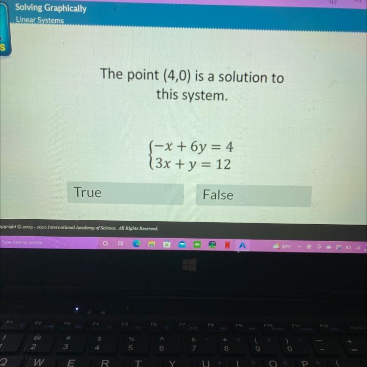 The point (4,0) is a solution to this system. (-x+6y=4 (3x + y = 12 true or False-example-1