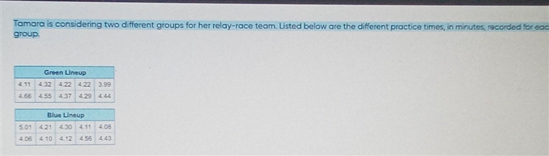 Tamara is considering two different groups for her relay-race team. Listed below are-example-1