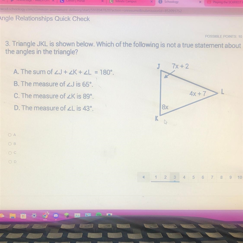 3. Triangle JKL is shown below. Which of the following is not a true statement about-example-1