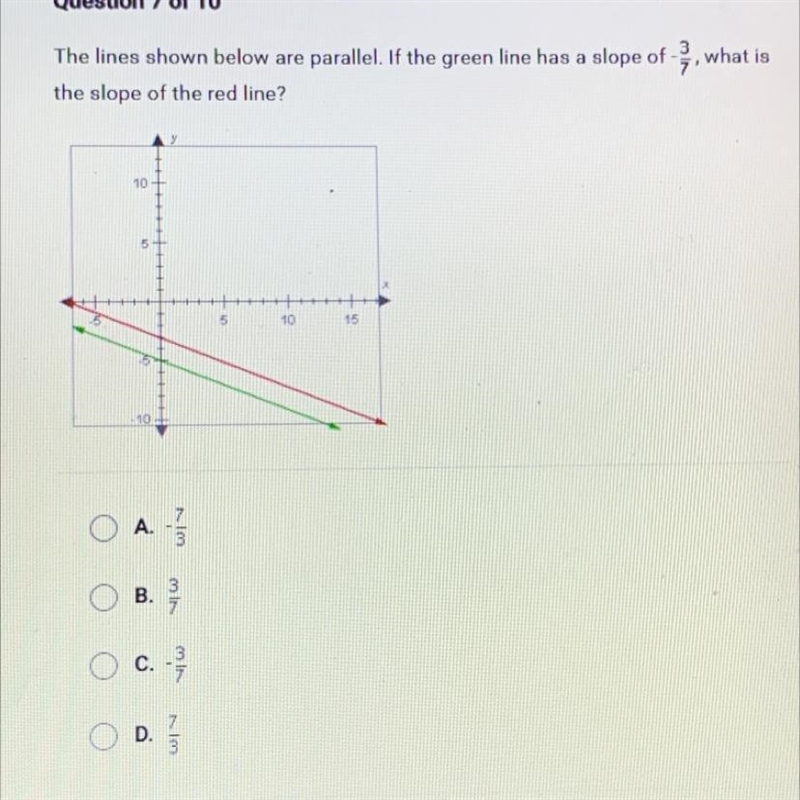 The lines shown below are parallel. If the green line has a slope of 2, what isthe-example-1