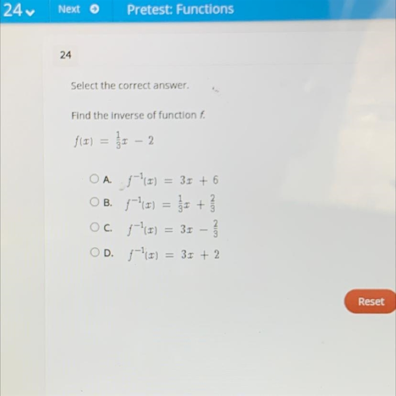 Find the inverse of function f. 1 fir) - COIH r – 2 2 OA. fhr) = 3.5 + 6 3r OB. 8) = 5x-example-1