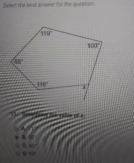 119° 100° 88° 116° 11. Determine the value of x. A. 117° B. 59° C. 63° D. 90°-example-1