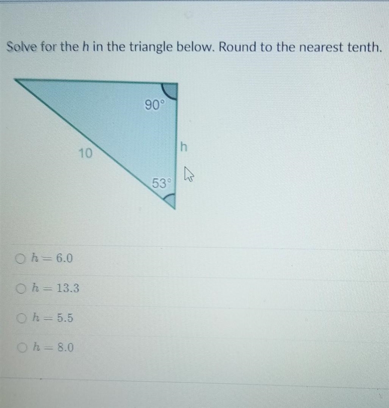 Solve for the h in the triangle below. Round to the nearest tenth. 90⁰ 6.0 Oh-13.3 Oh-example-1