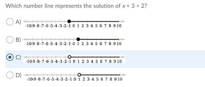 Which number line represents the solution of x + 3 > 2?-example-1