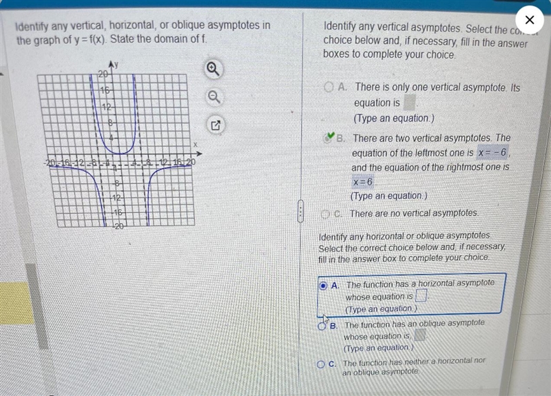 KIdentify any vertical, horizontal, or oblique asymptotes inthe graph of y=f(x). State-example-1