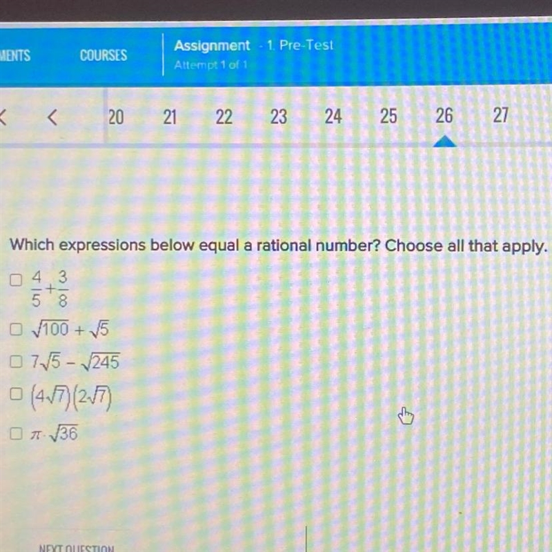 Which expressions below equal a rational number? Choose all that apply.-example-1