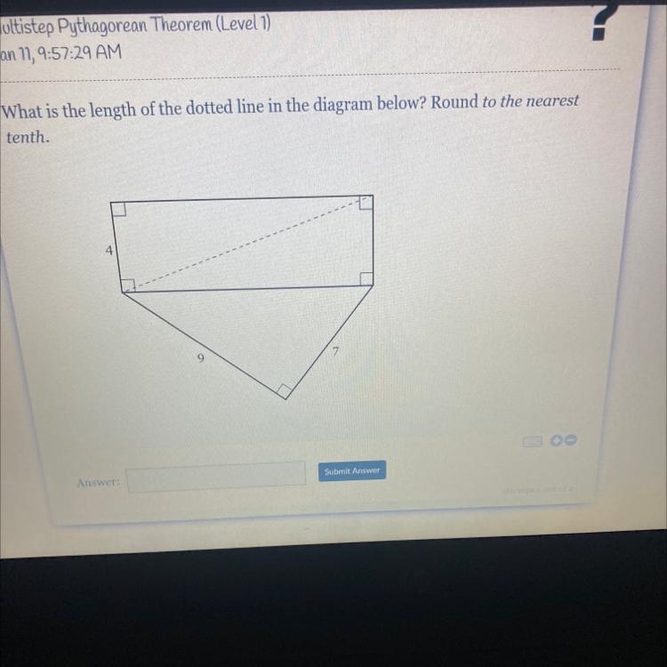 What is the length of the dotted line in the diagram below? Round to the nearest tenth-example-1