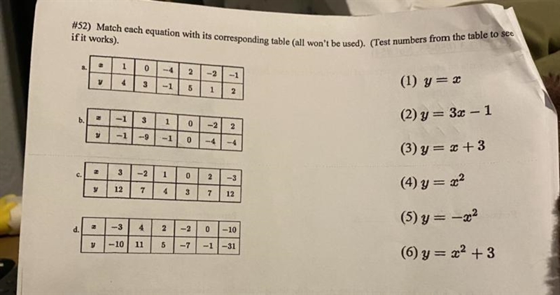 If it works). #52) Match each equation with its corresponding table (all won't be-example-1