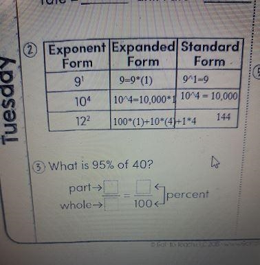 What is 95% of 40?part. ___ = ___. percentwhole. 100 percent-example-1