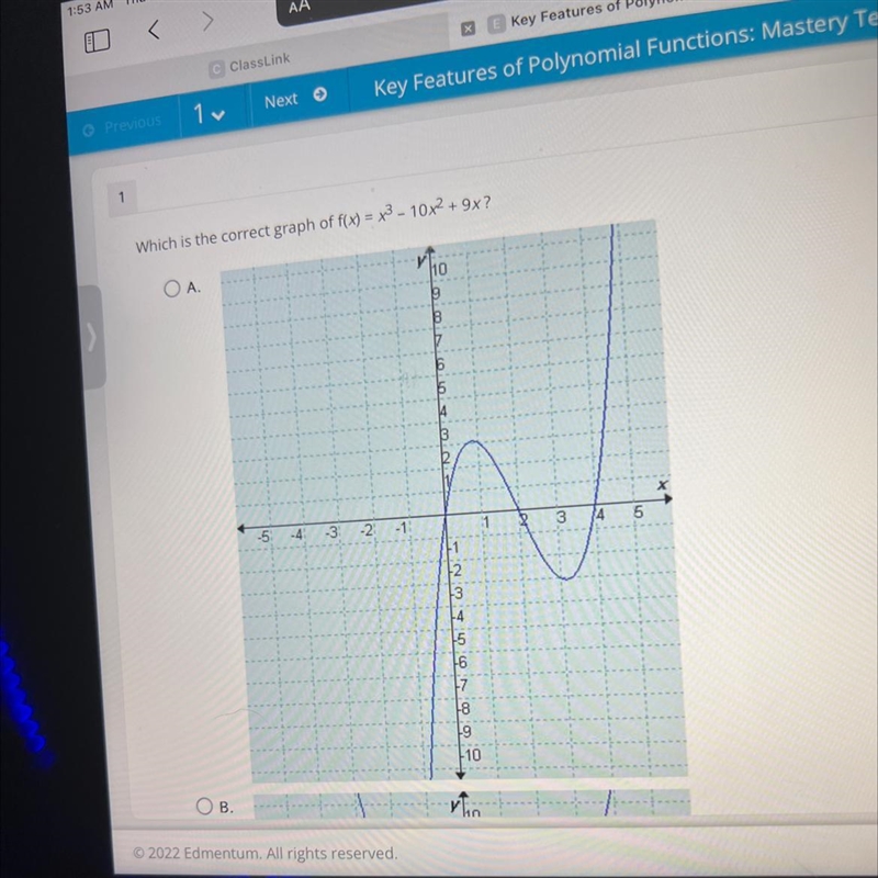 Which is the correct graph of f(x)=x^3-10x^2+9xThe pictures won’t sendNOTE: not the-example-1